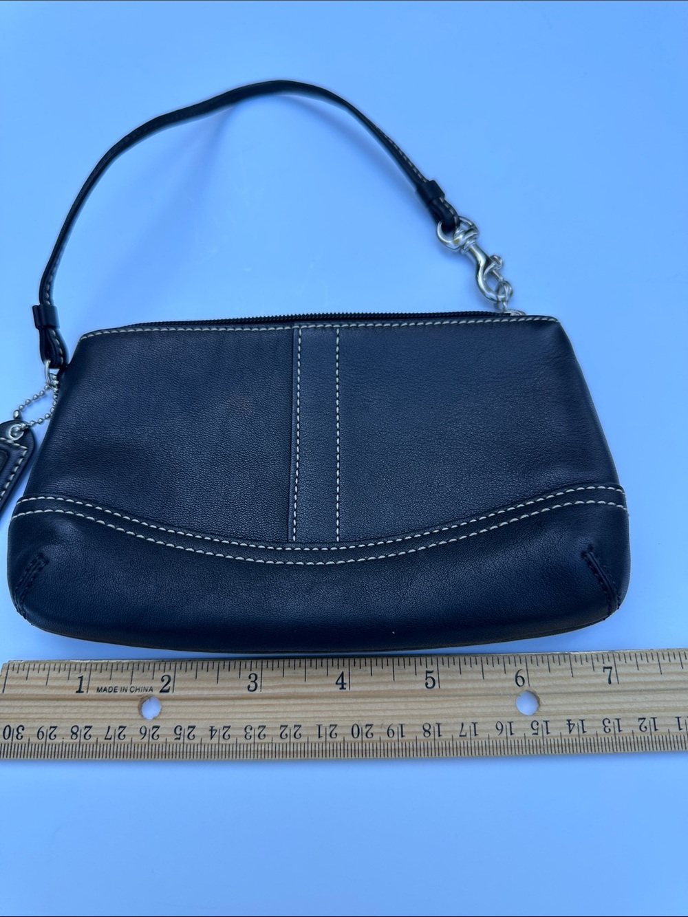 Coach Black Leather Lined Wristlet with White Contrast Stitching
